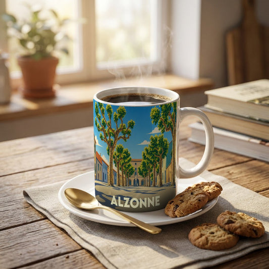 Mug souvenir de la ville d'Alzonne avec une illustration stylisée d'une allée d'arbres.