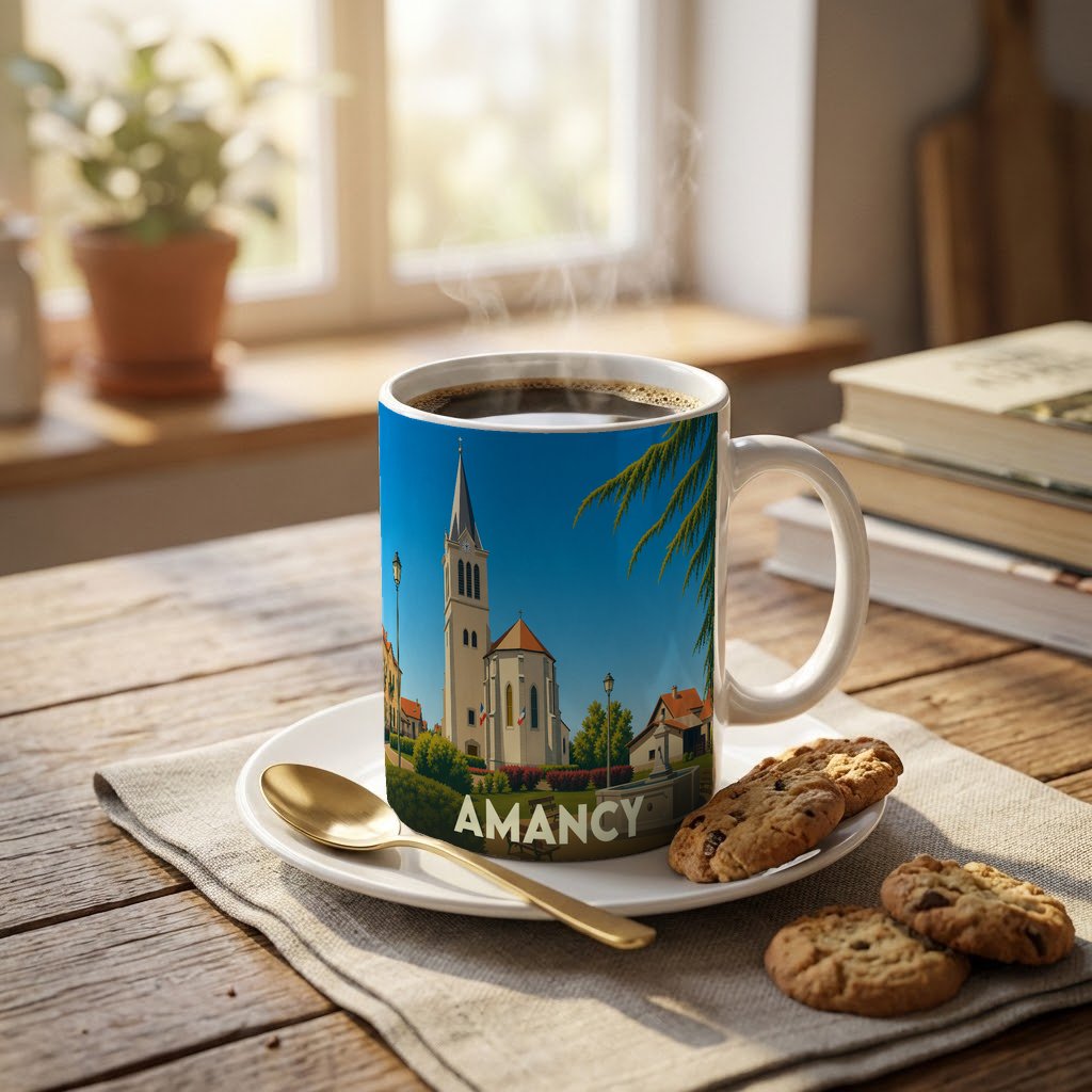 Mug souvenir de la ville d'Amancy avec une illustration stylisée de son église sous un ciel bleu.