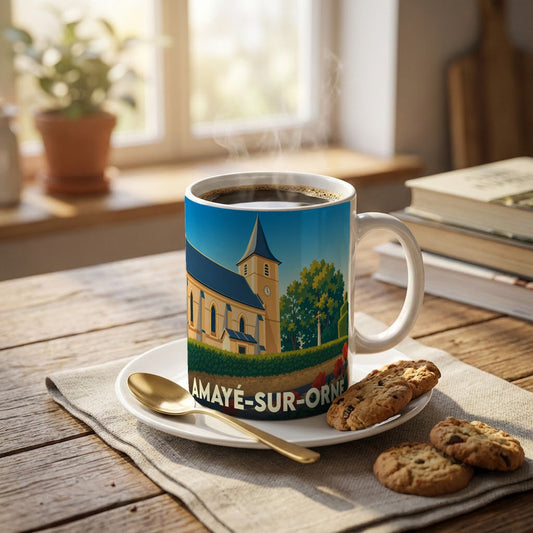 Mug souvenir de la ville d'Amayé-sur-Orne orné d'une illustration stylisée de son église.