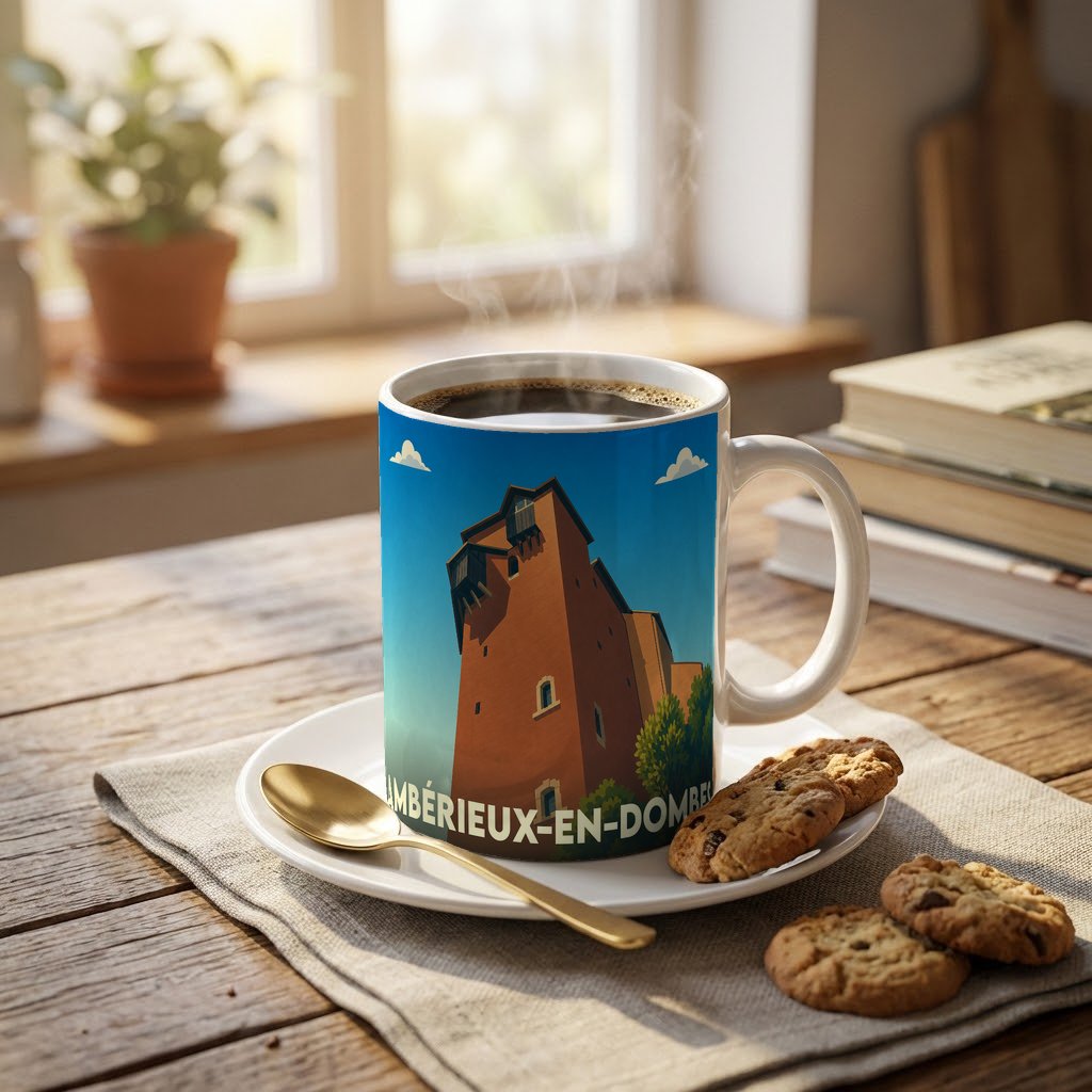 Mug souvenir de la ville d'Ambérieux-en-Dombes orné d'une illustration stylisée de son château médiéval.