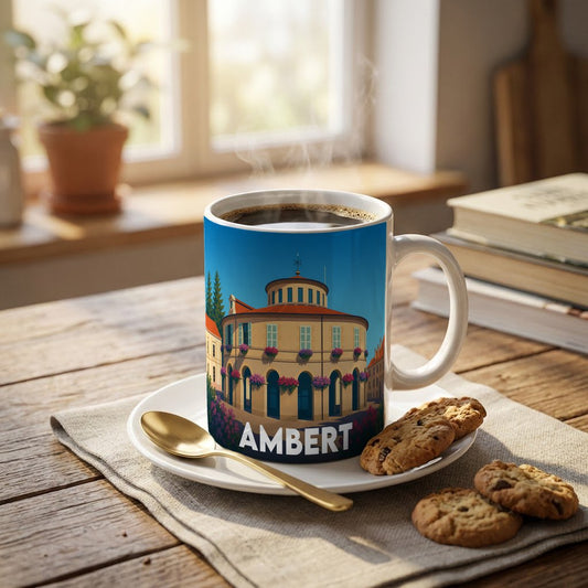 Mug souvenir de la ville de Ambert orné d'une illustration stylisée de sa mairie ronde.
