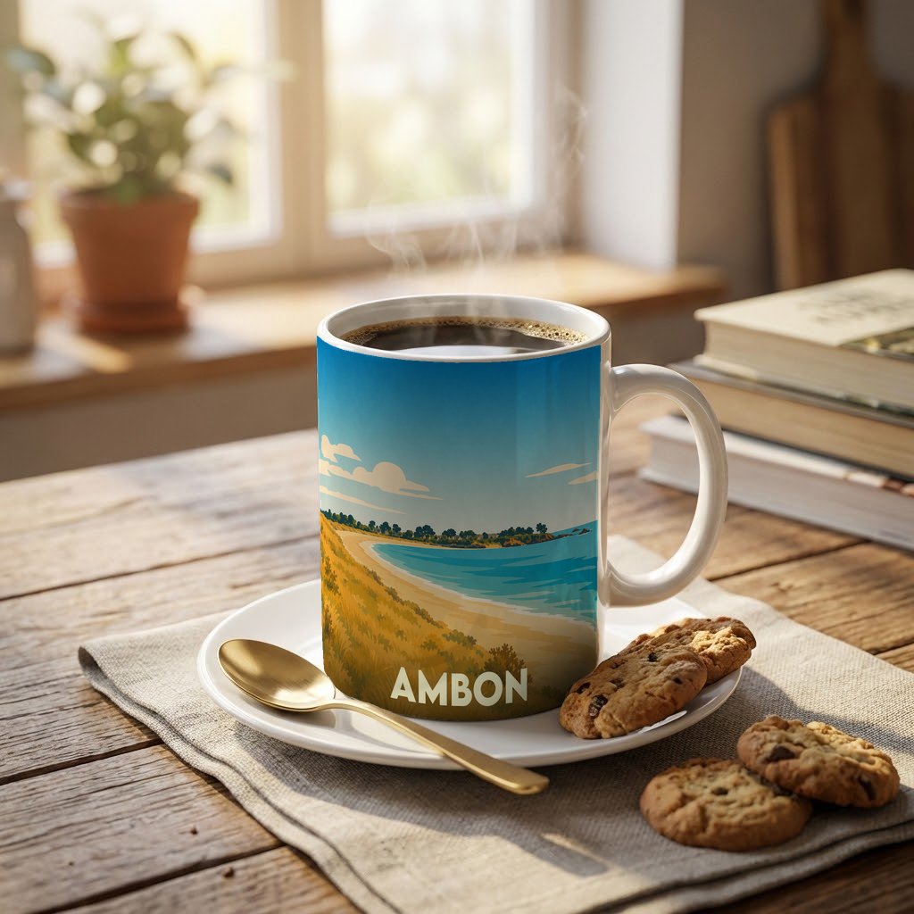 Mug souvenir de la ville d'Ambon orné d'une illustration stylisée de plage tropicale.