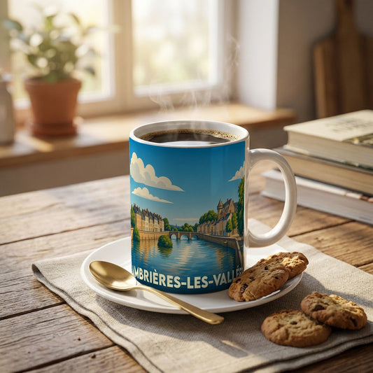 Mug souvenir de la ville d'Ambrières-les-Vallées orné d'une illustration stylisée de ses quais et de son pont.