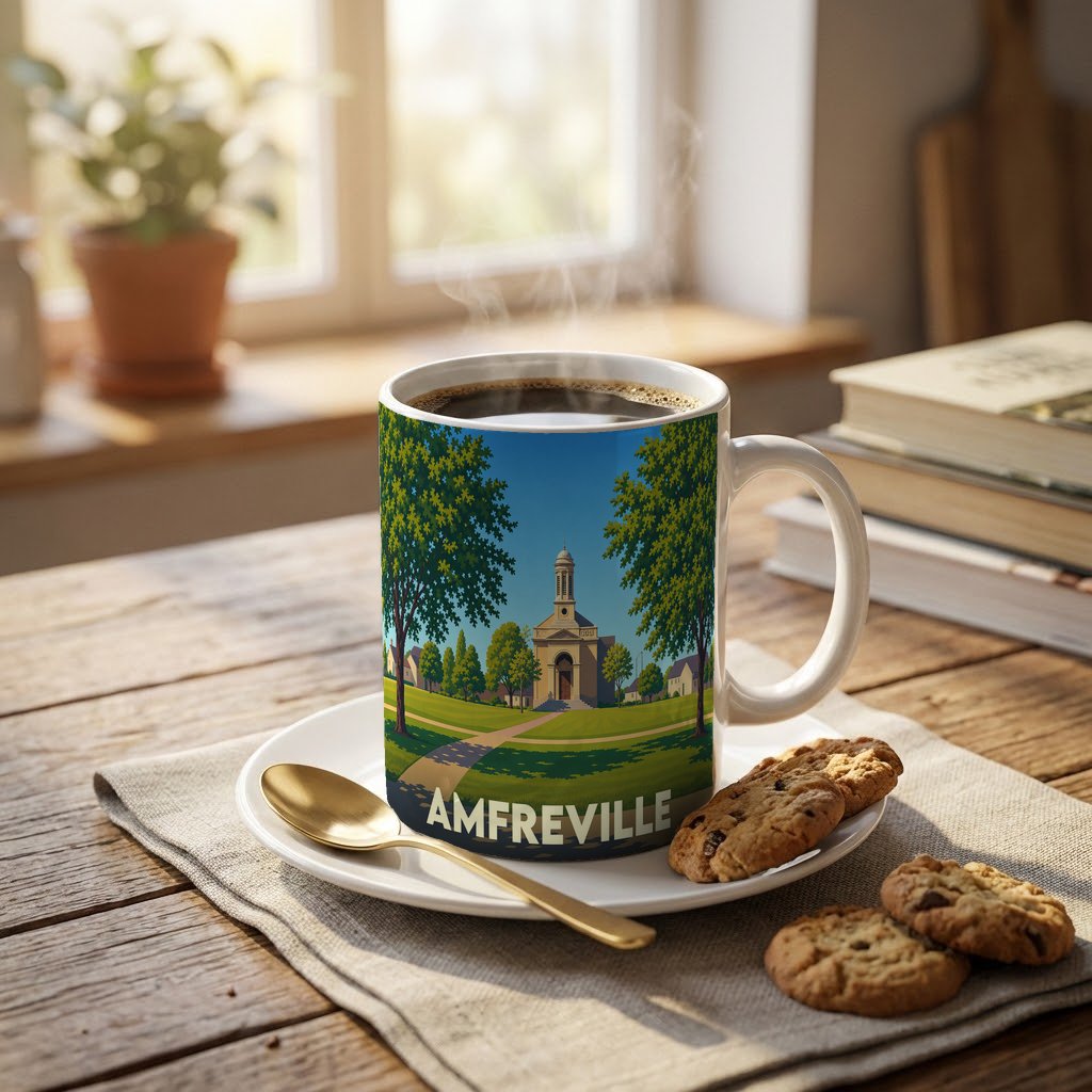 Mug souvenir de la ville d'Amfreville orné d'une illustration stylisée de son église et de son parc.