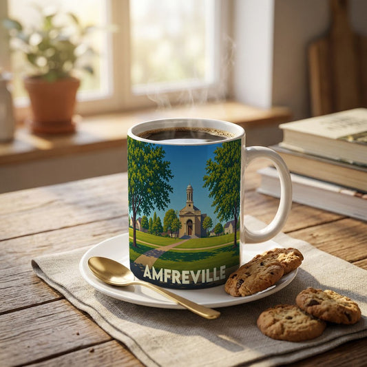 Mug souvenir de la ville d'Amfreville orné d'une illustration stylisée de son église et de son parc.