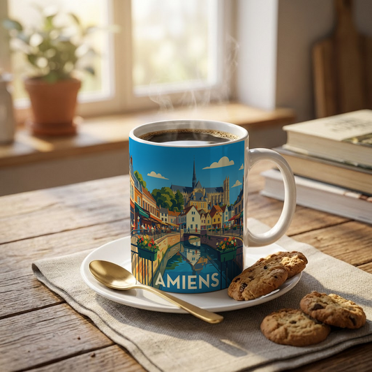 Mug souvenir de la ville d'Amiens avec une illustration stylisée et colorée.