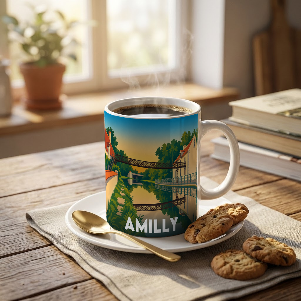 Mug souvenir de la ville d'Amilly avec une illustration stylisée.