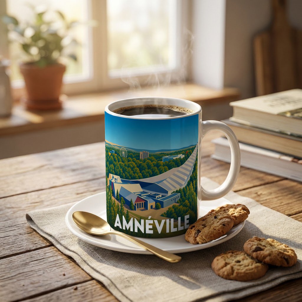 Mug souvenir de la ville d'Amnéville orné d'une illustration stylisée de son centre de loisirs.