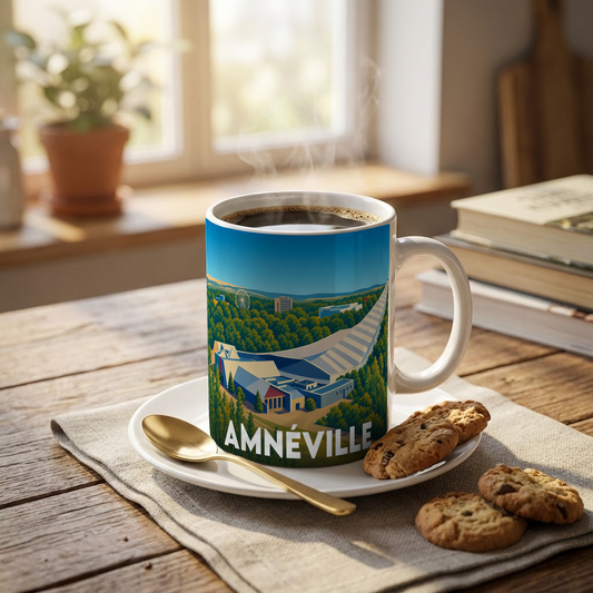 Mug souvenir de la ville d'Amnéville orné d'une illustration stylisée de son centre de loisirs.