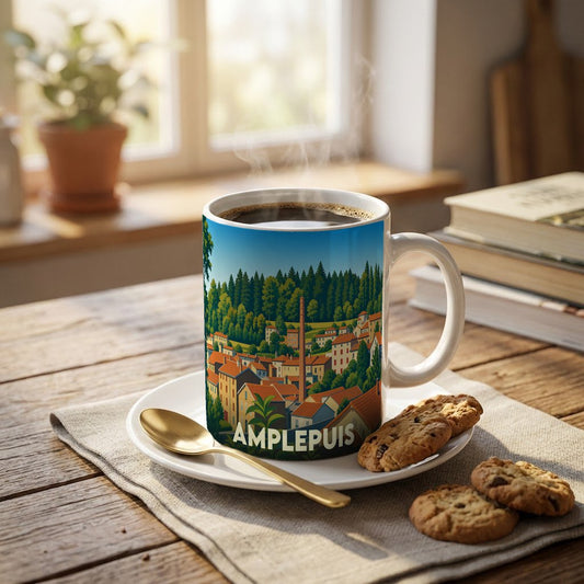 Mug souvenir de la ville de Amplepuis avec une illustration stylisée de son paysage urbain et boisé.