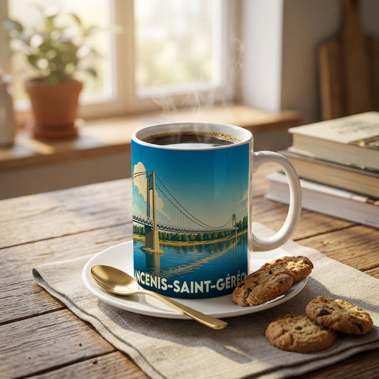 Mug souvenir de la ville d'Ancenis-Saint-Géréon orné d'une illustration stylisée de son pont suspendu.