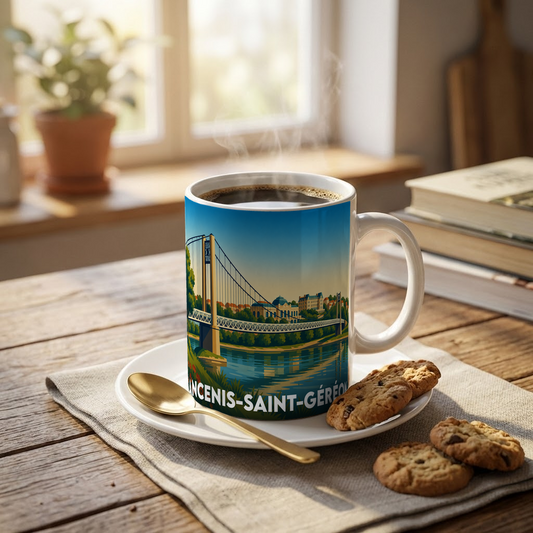 Mug souvenir de la ville d'Ancenis-Saint-Géréon orné d'une illustration stylisée de son pont suspendu.