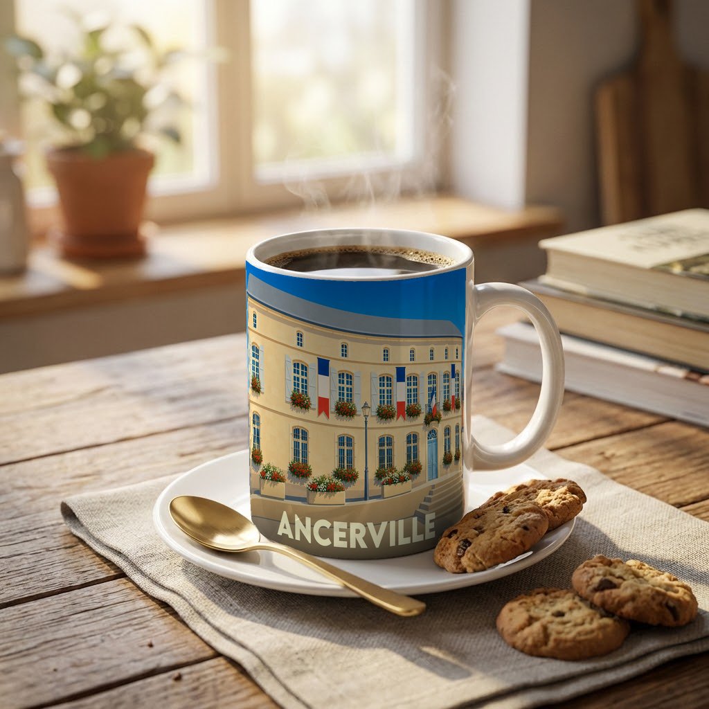 Mug souvenir de la ville d'Ancerville orné d'une illustration stylisée de son hôtel de ville.
