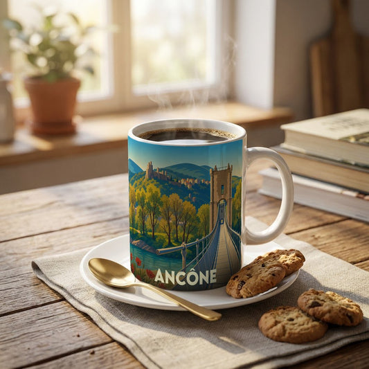 Mug souvenir de la ville d'Ancône illustré par une vue stylisée d'un pont suspendu et de paysages vallonnés.