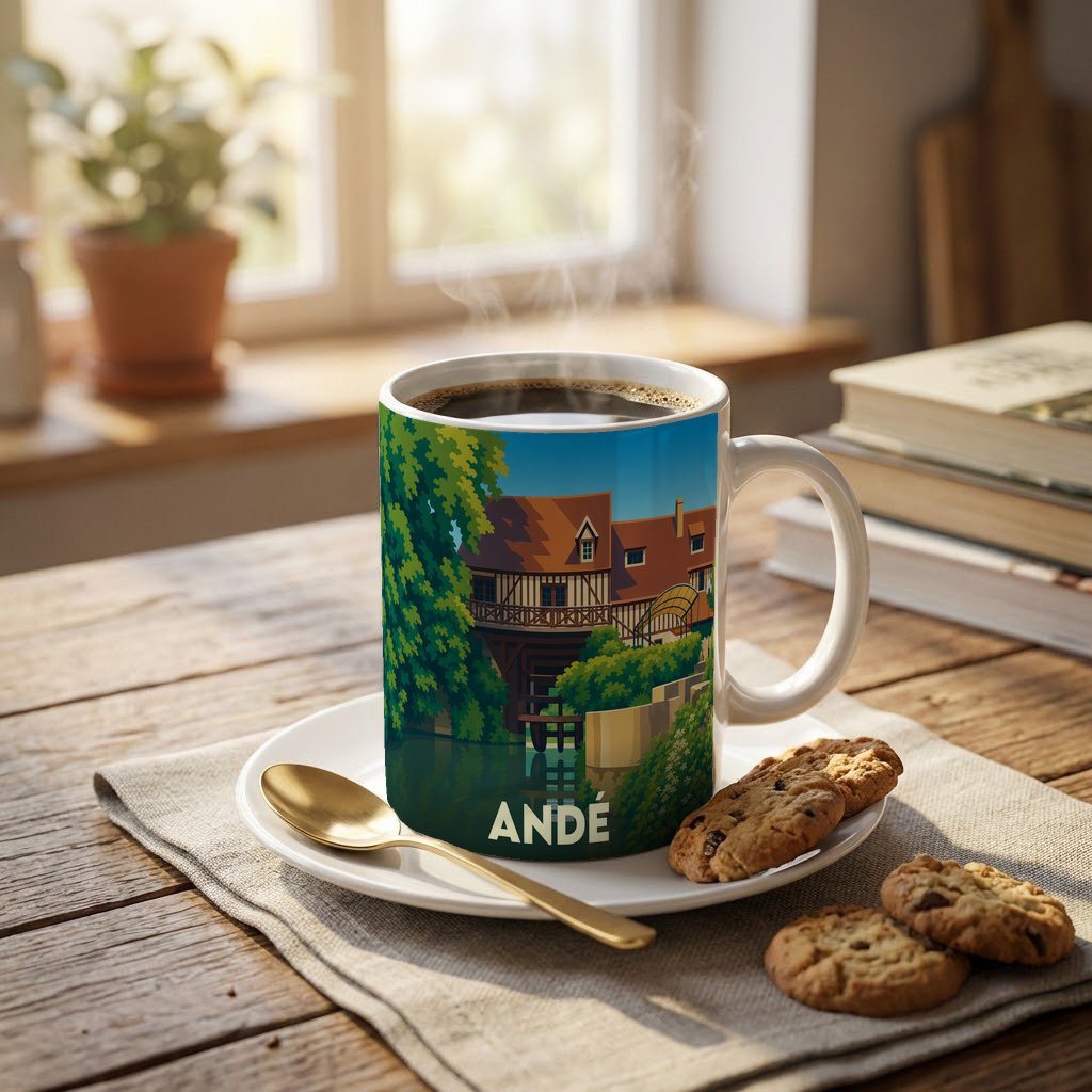 Mug souvenir de la ville d'Andé orné d'une illustration stylisée de son moulin emblématique au bord de l'eau.
