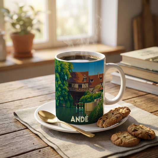 Mug souvenir de la ville d'Andé orné d'une illustration stylisée de son moulin emblématique au bord de l'eau.