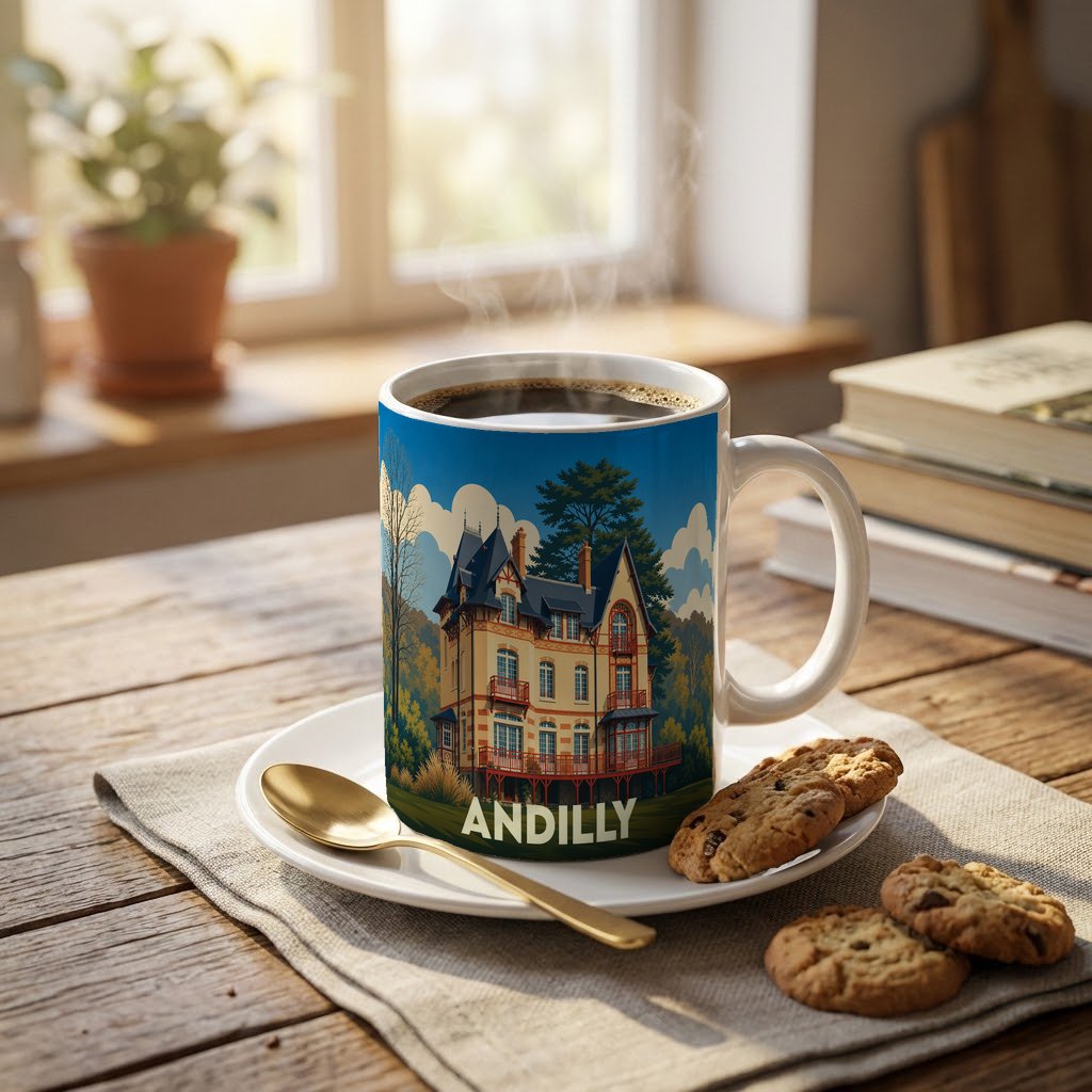 Mug souvenir de la ville d'Andilly orné d'une illustration stylisée d'une demeure bourgeoise.