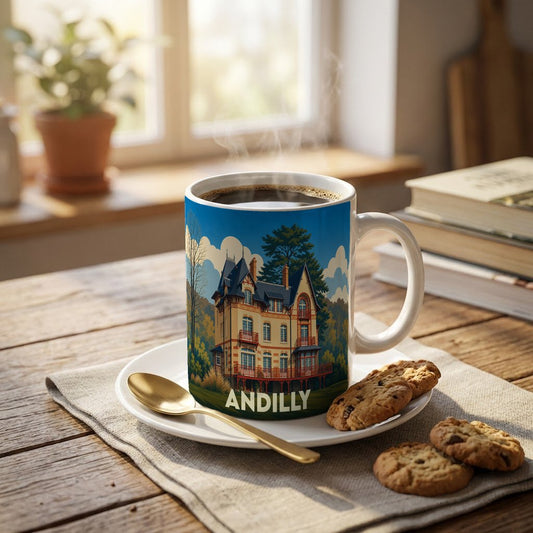 Mug souvenir de la ville d'Andilly orné d'une illustration stylisée d'une demeure bourgeoise.