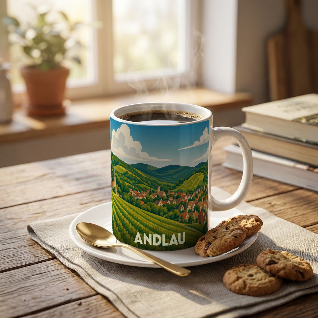 Mug souvenir de la ville d'Andlau avec une illustration stylisée de son paysage de vignobles et de montagnes.