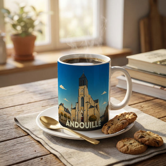 Mug souvenir de la ville d'Andouillé orné d'une illustration stylisée de son église et du centre-ville.