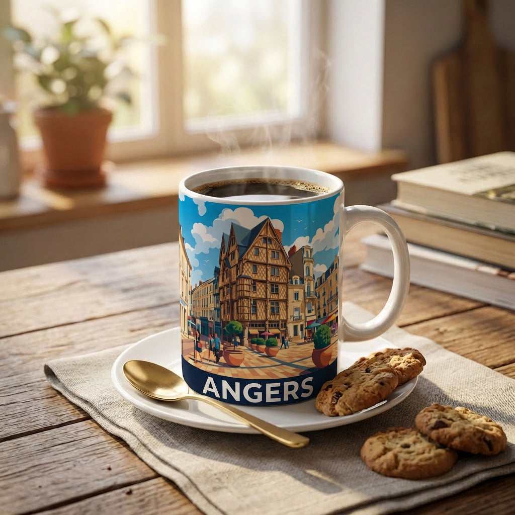 Mug souvenir de la ville d'Angers avec une illustration stylisée de ses bâtiments historiques.