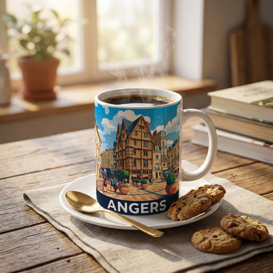 Mug souvenir de la ville d'Angers avec une illustration stylisée de ses bâtiments historiques.