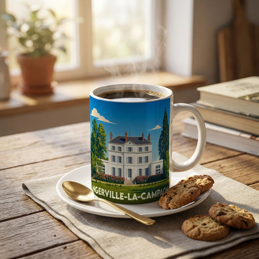 Mug souvenir de la ville d'Angerville-la-Campagne avec une illustration stylisée d'un manoir.