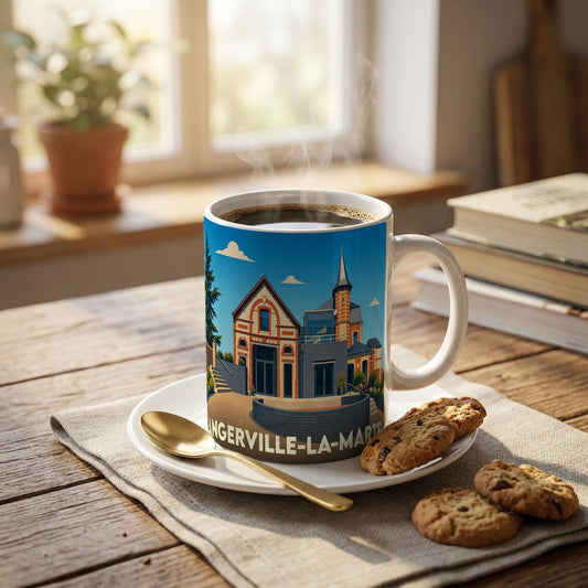 Mug souvenir d'Angerville-la-Martel avec une illustration stylisée d'un bâtiment emblématique de la ville.