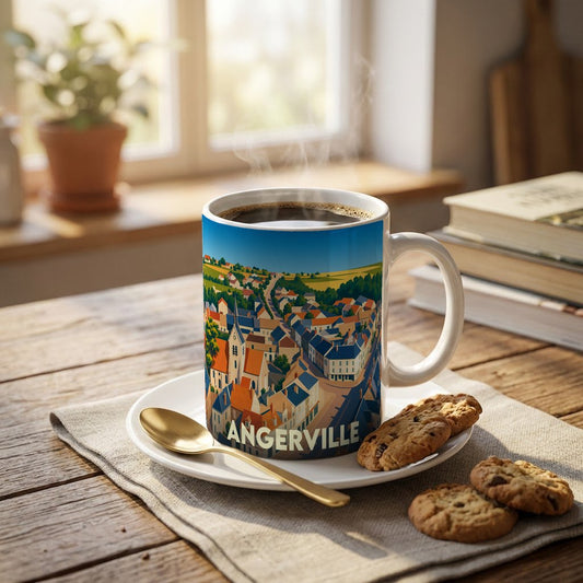 Mug souvenir de la ville de Angerville avec une illustration stylisée et colorée.