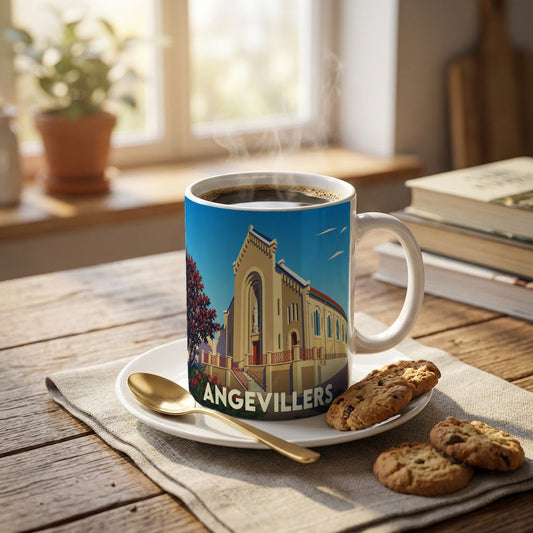 Mug souvenir de la ville d'Angevillers avec une illustration stylisée de son église.
