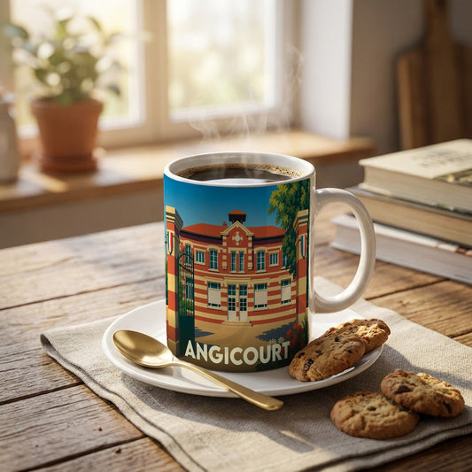 Mug souvenir de la ville d'Angicourt orné d'une illustration stylisée de son patrimoine architectural.