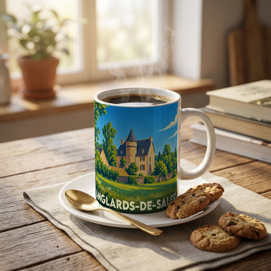 Mug souvenir d'Anglards-de-Salers illustré d'un château pittoresque posé sur une table avec café et biscuits.