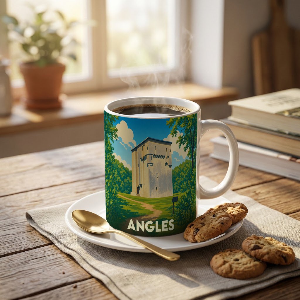 Mug souvenir de la ville d'Angles orné d'une illustration stylisée de son donjon médiéval entouré de verdure.