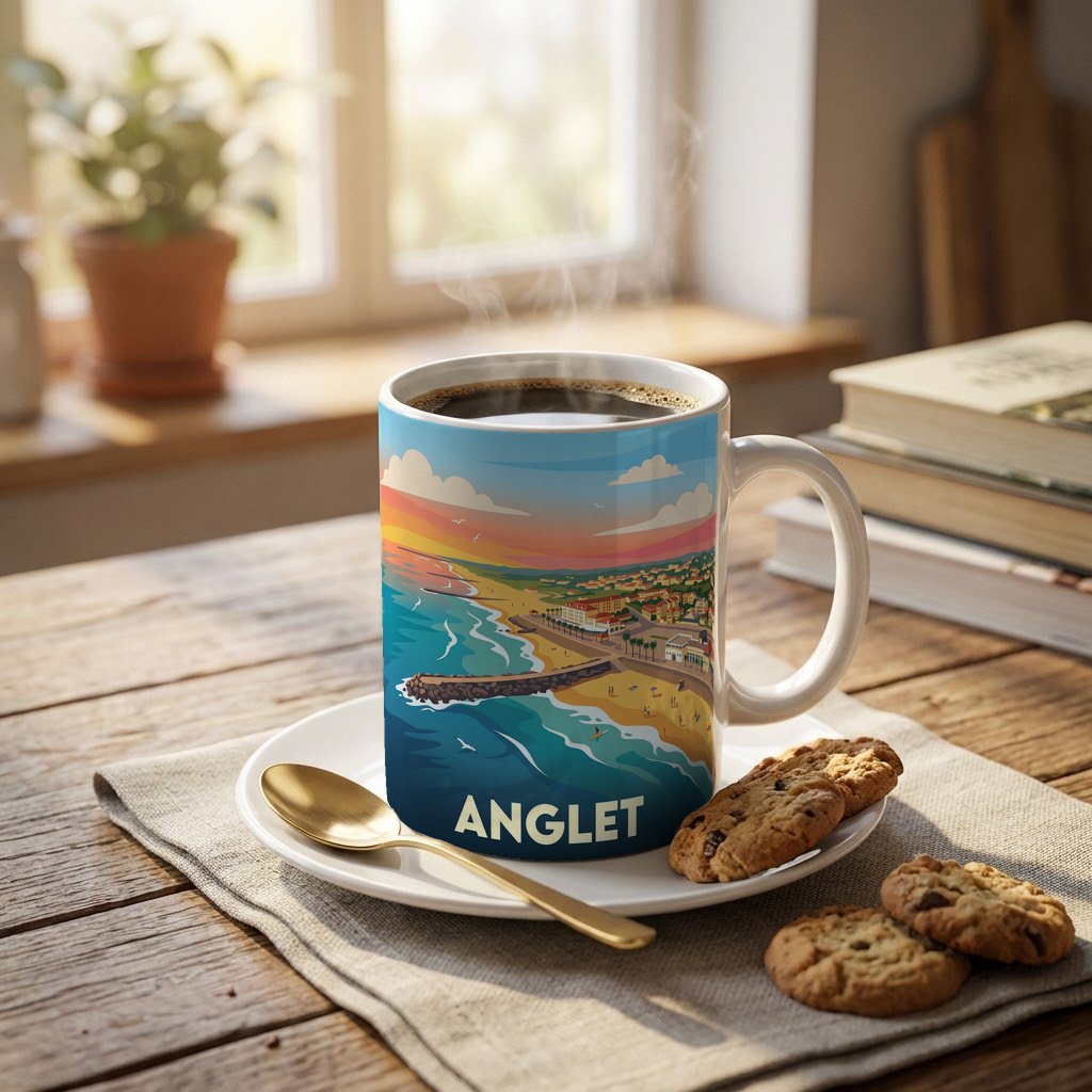 Mug souvenir de la ville d'Anglet avec une illustration stylisée de son littoral au coucher du soleil.