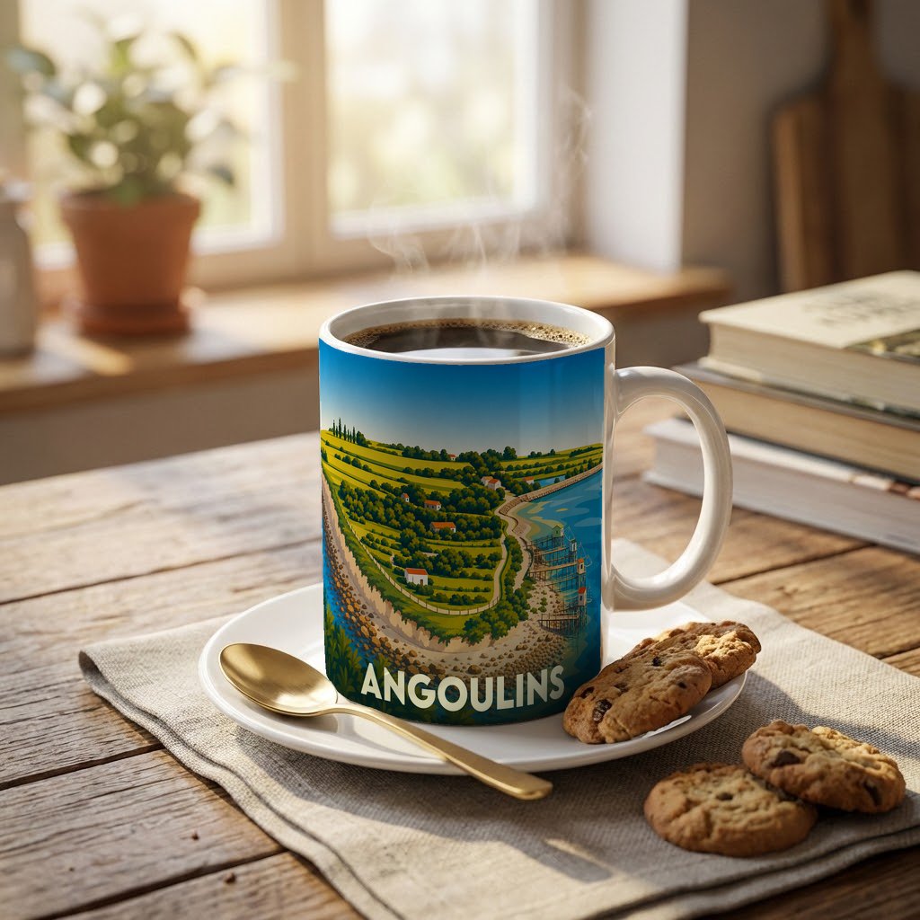 Mug souvenir de la ville d'Angoulins avec une illustration stylisée du littoral.