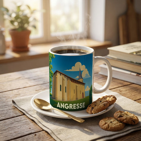Mug souvenir de la ville d'Angresse avec une illustration stylisée de son église.