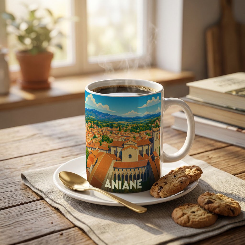 Mug souvenir de la ville d'Aniane orné d'une illustration panoramique stylisée.