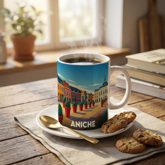Mug souvenir de la ville d'Aniche orné d'une illustration stylisée de ses rues et bâtiments.