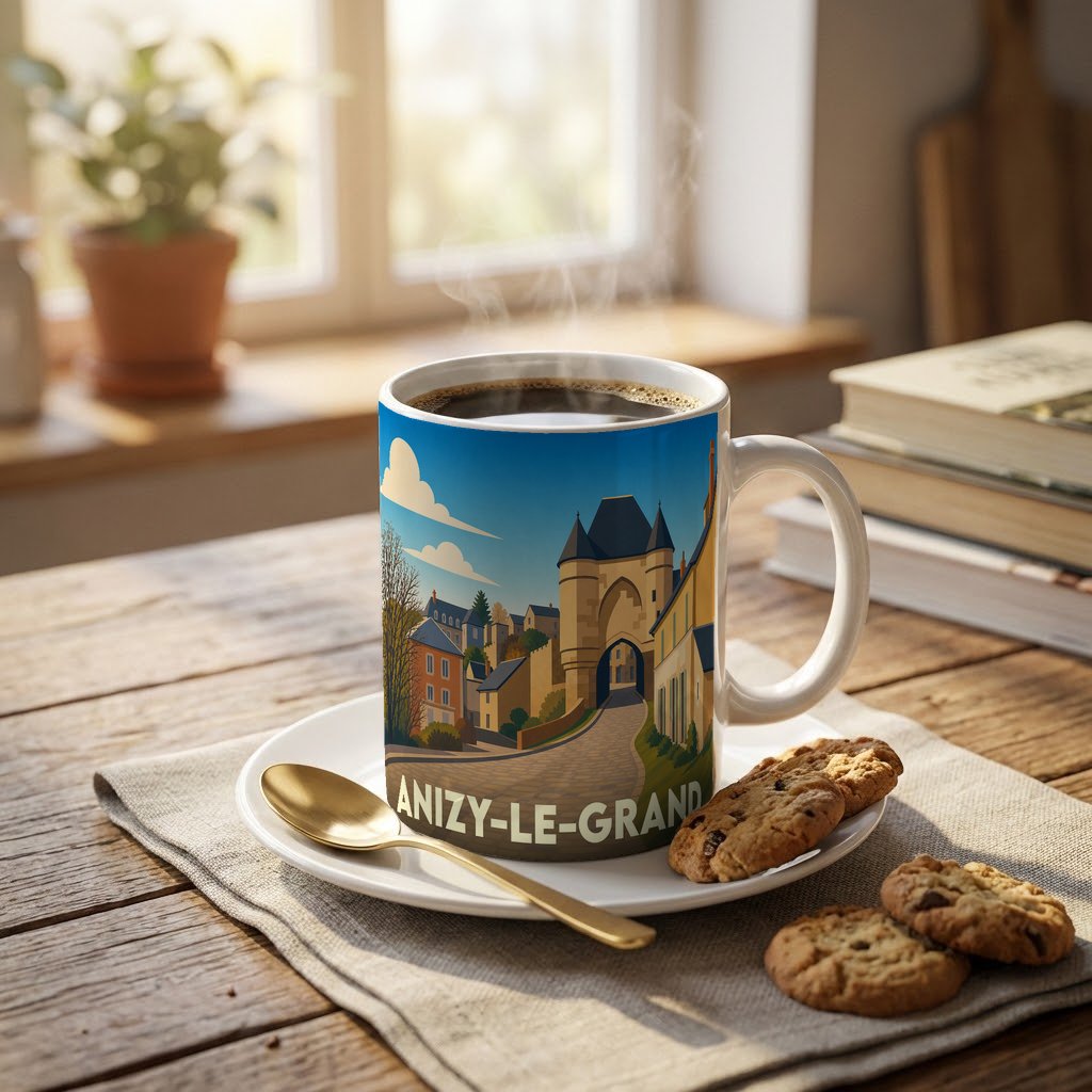 Mug souvenir de la ville de Anizy-le-Grand avec une illustration stylisée.