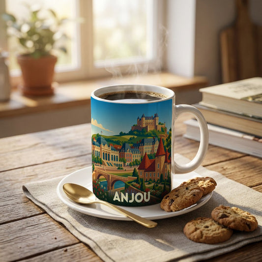 Mug souvenir de la ville d'Anjou orné d'une illustration stylisée de son patrimoine architectural.