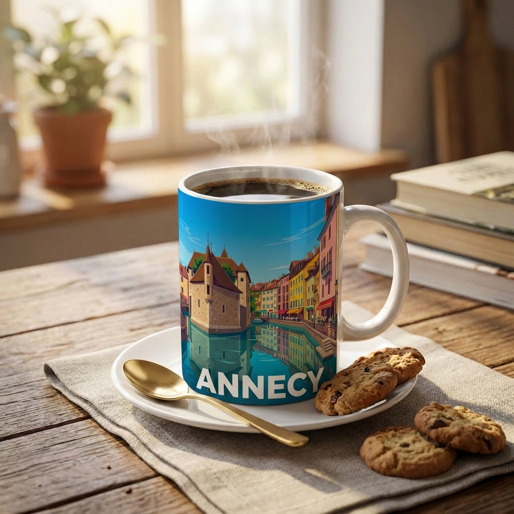 Mug souvenir de la ville d'Annecy avec une illustration stylisée de ses canaux et de son architecture.
