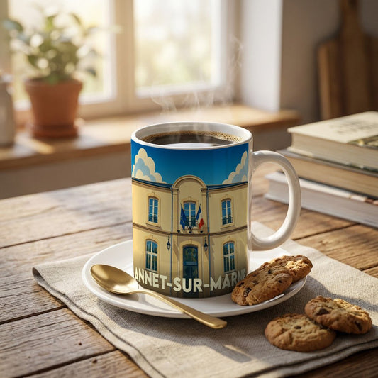 Mug souvenir de la ville d'Annet-sur-Marne avec une illustration stylisée de sa mairie.