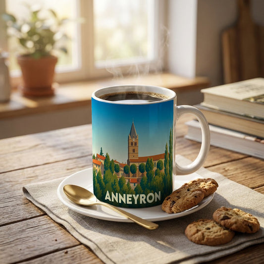 Mug souvenir de la ville de Anneyron orné d'une illustration stylisée de son clocher.
