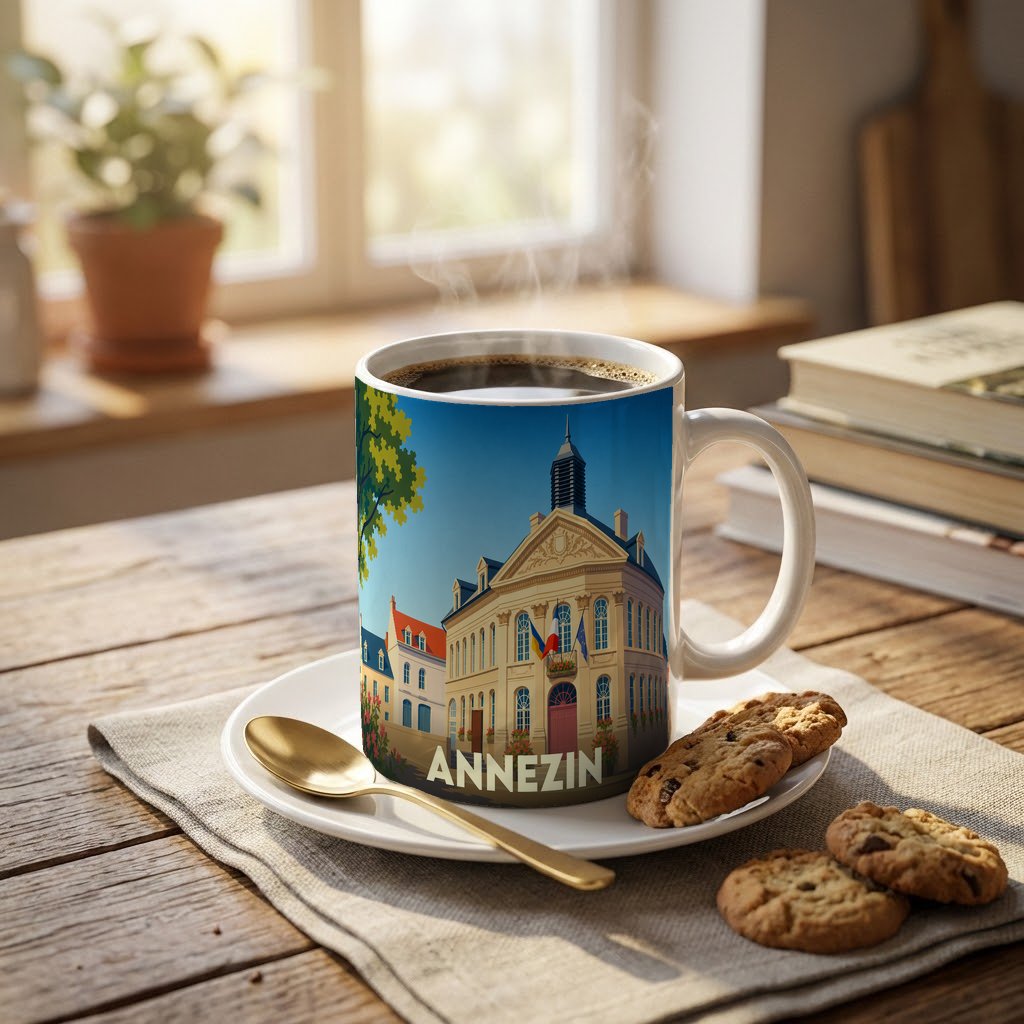 Mug souvenir de la ville d'Annezin orné d'une illustration stylisée de son hôtel de ville.