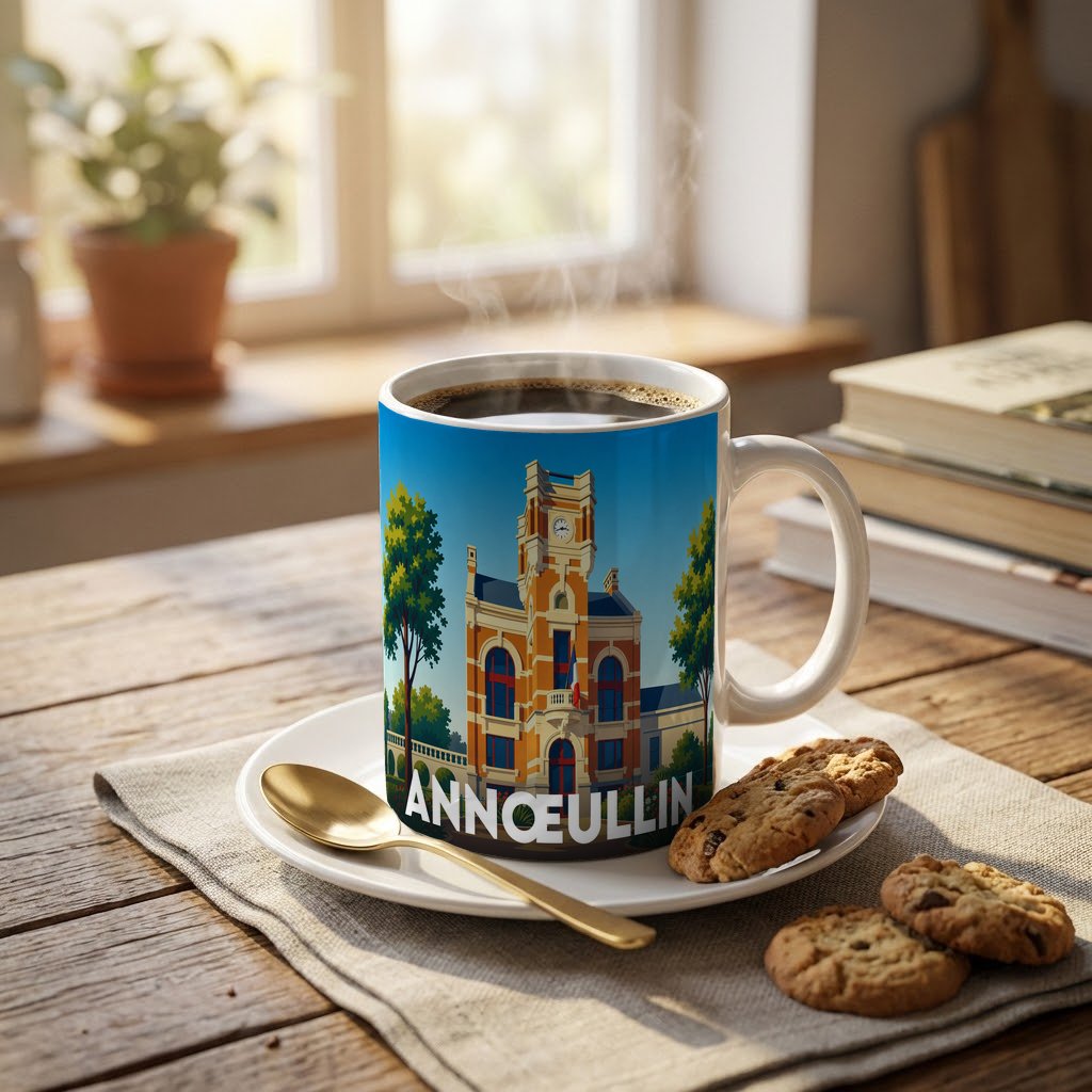 Mug souvenir de la ville d'Annœullin avec une illustration stylisée de l'hôtel de ville.
