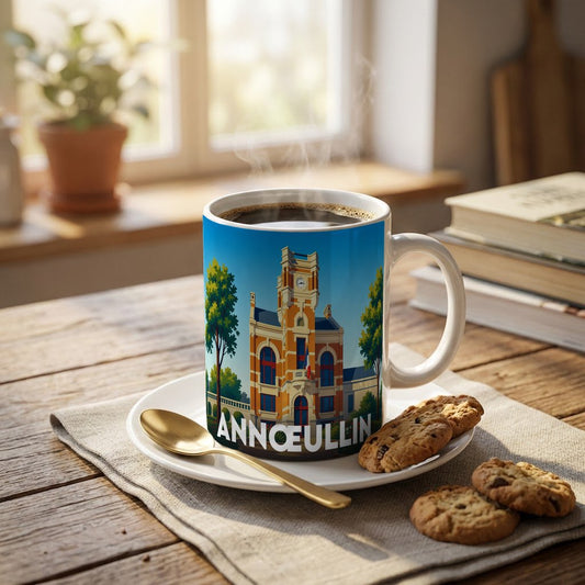 Mug souvenir de la ville d'Annœullin avec une illustration stylisée de l'hôtel de ville.
