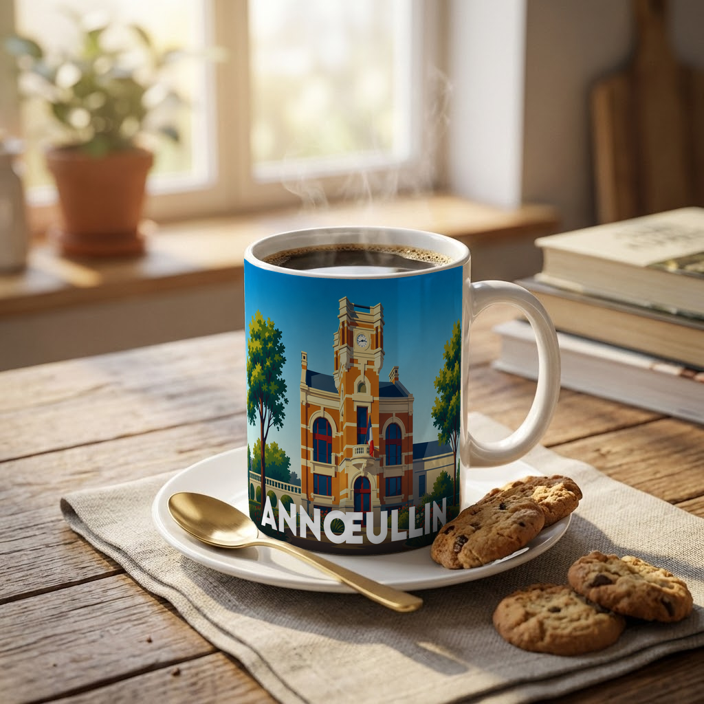 Mug souvenir de la ville d'Annœullin avec une illustration stylisée de l'hôtel de ville.