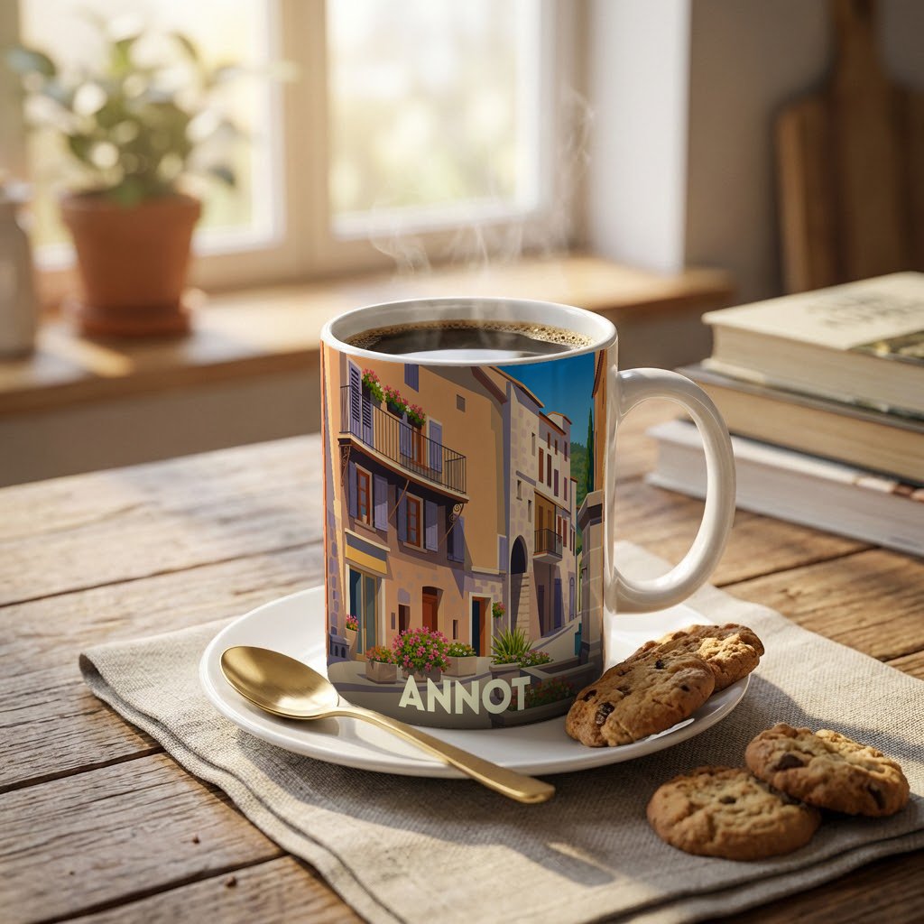 Mug souvenir de la ville d'Annot avec une illustration colorée et stylisée d'une ruelle provençale.