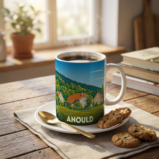 Mug souvenir de la ville d'Anould orné d'une illustration stylisée de maisons et de montagnes boisées.