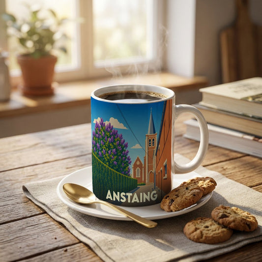 Mug souvenir de la ville de Anstaing orné d'une illustration stylisée de son église et de fleurs mauves.